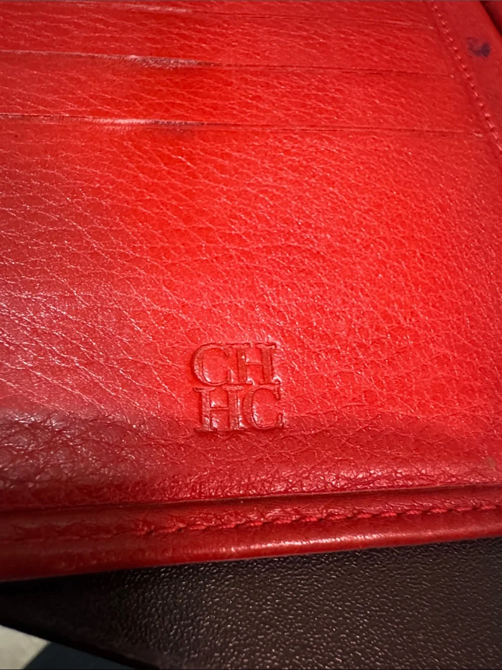 Red Carolina Herrera Embossed Leather Wallet with CH Pattern